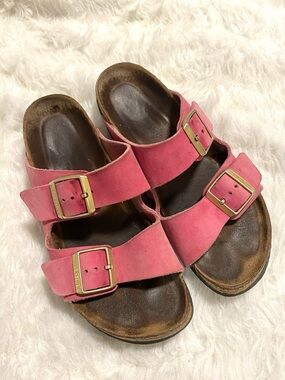 Birkenstock Arizona Pink nubuck Double Buckle Slide Sandals 38